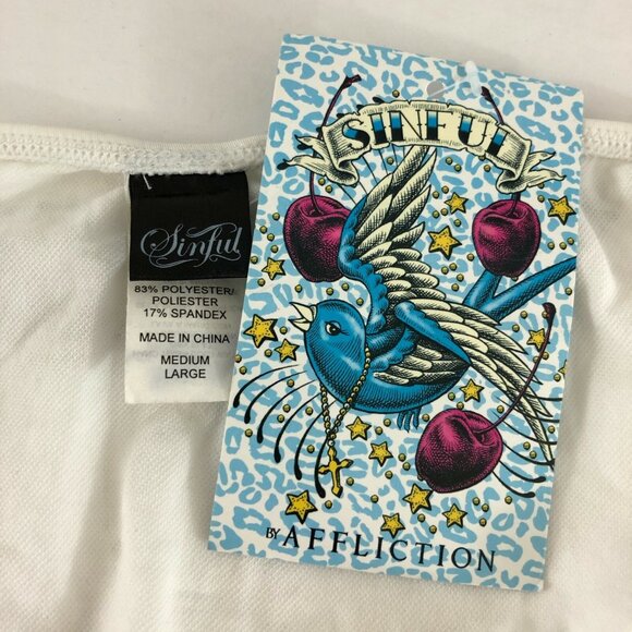 Sinful by Affliction Bikini Bottom Chain Rhinestones Heart Wings White Size M/L - Picture 4 of 4